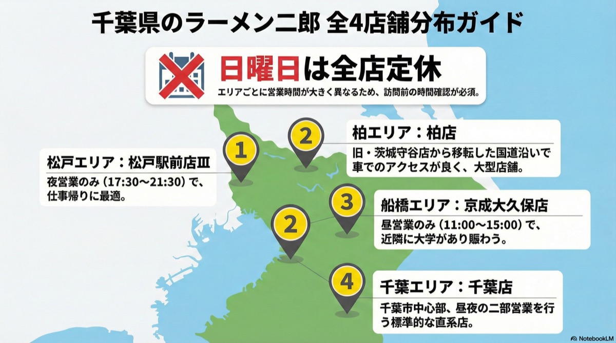 千葉県のラーメン二郎4店舗の一覧マップ